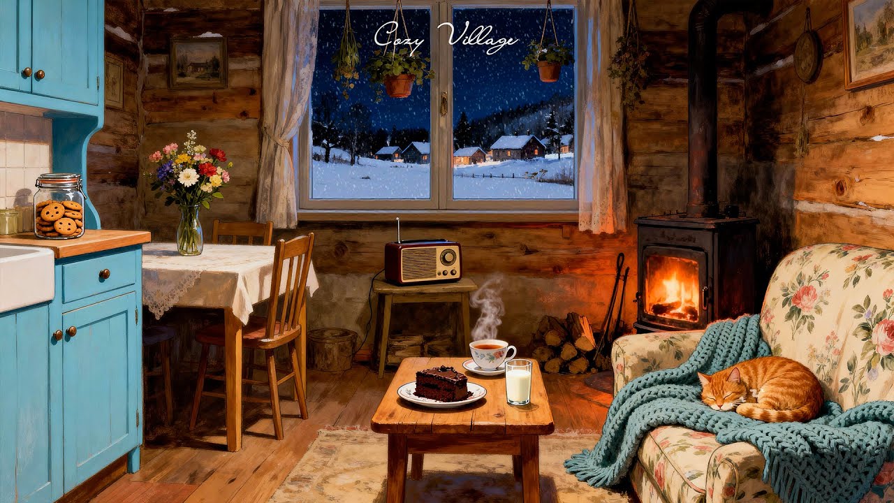 Vintage snowy night jazz 1940s oldies playing in another room to unwind, sleep | Crackling fireplace