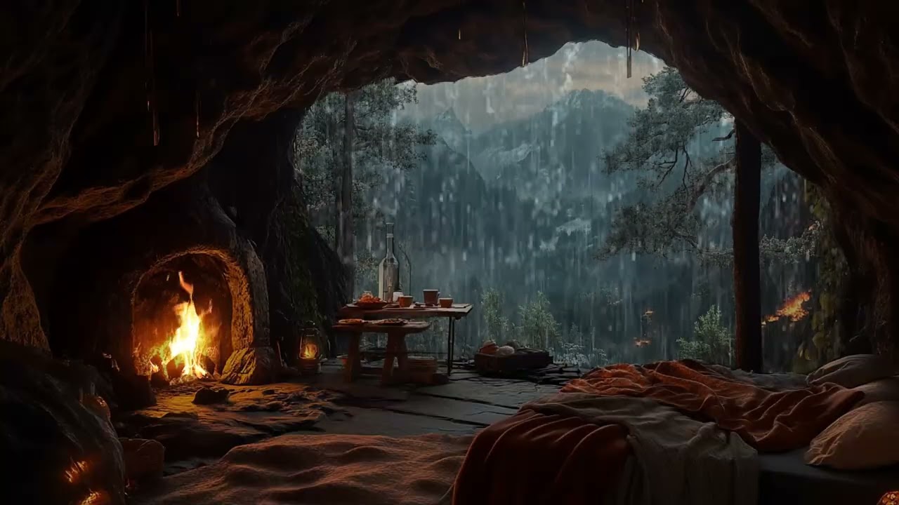 Hidden Cave In Forest On Rainy Night | Rain Sounds and Campfire for Relaxation and Deep Sleep