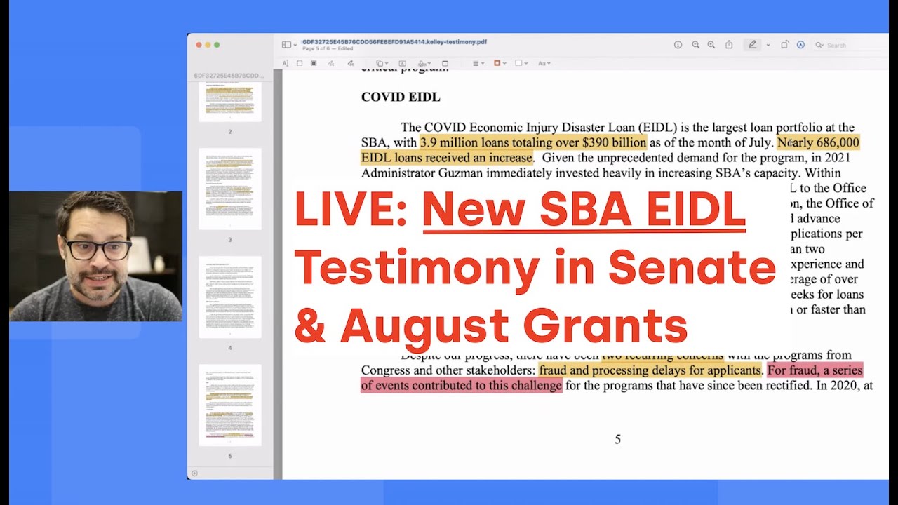 LIVE: New SBA EIDL Testimony in Senate And New August Grants