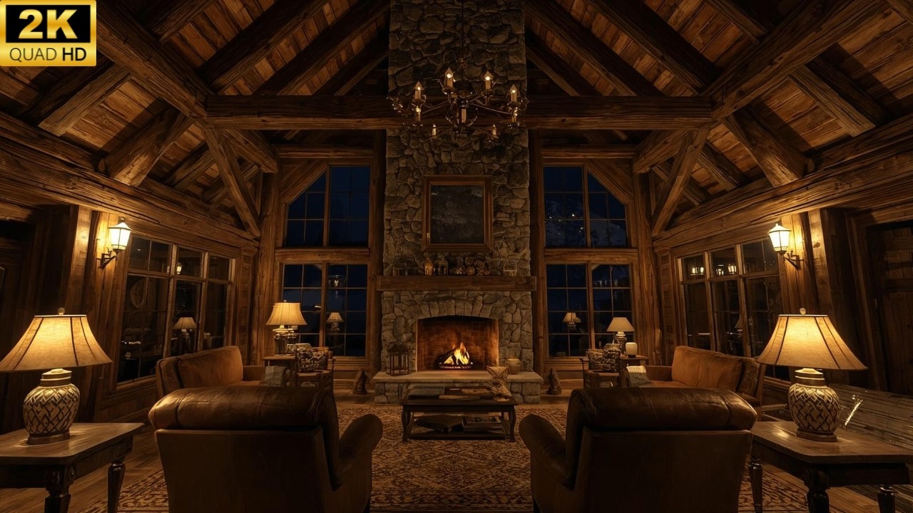 You’re Resting in a Grand Mountain Cabin at Night 🌲🔥 Warm Cozy Fireplace Lodge