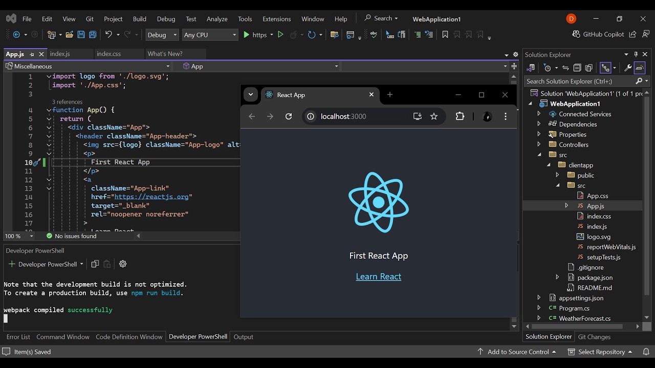 React and ASP.Net Core Web API App with Visual Studio 2022