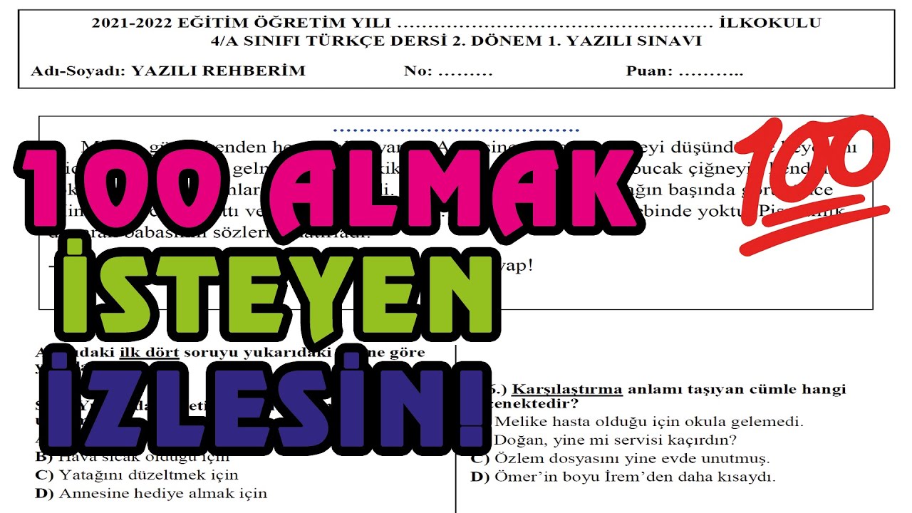 4. Sınıf Türkçe 2. Dönem 1. Yazılı | 1. Örnek 2022