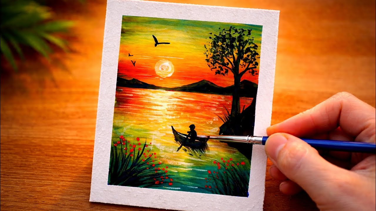 “Alone Boat at Golden Sunset 🌅 | Calm & Relaxing Painting Process”