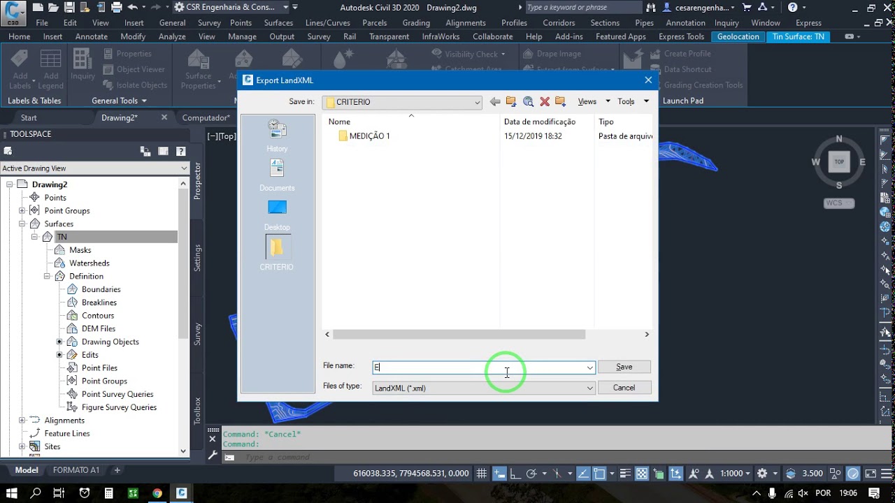 Exportar  superfície existente em XML  pela Toolspace no AutoCAD Civil 3D 2020