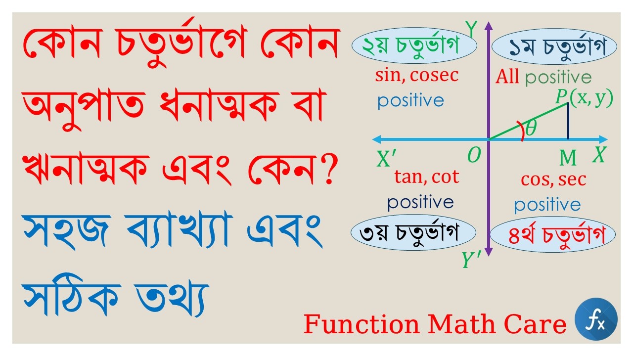 কোন চতুর্ভাগে কোন অনুপাত ধনাত্মক ? কোন চতুর্ভাগে কোন অনুপাত ঋনাত্মক ? sin, cos, tan কোথায় ধনাত্মক?