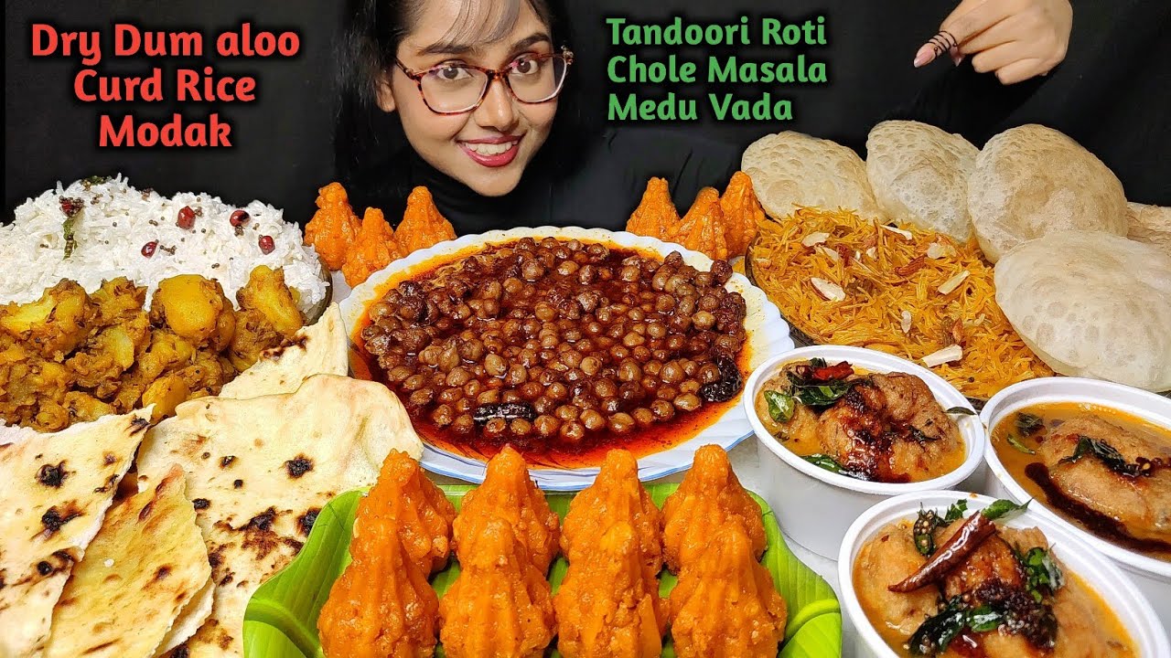 Eating Chole Masala, Modak, Tandoori Roti, Poori, Sewai Zarda | Big Bites | Asmr Eating | Mukbang