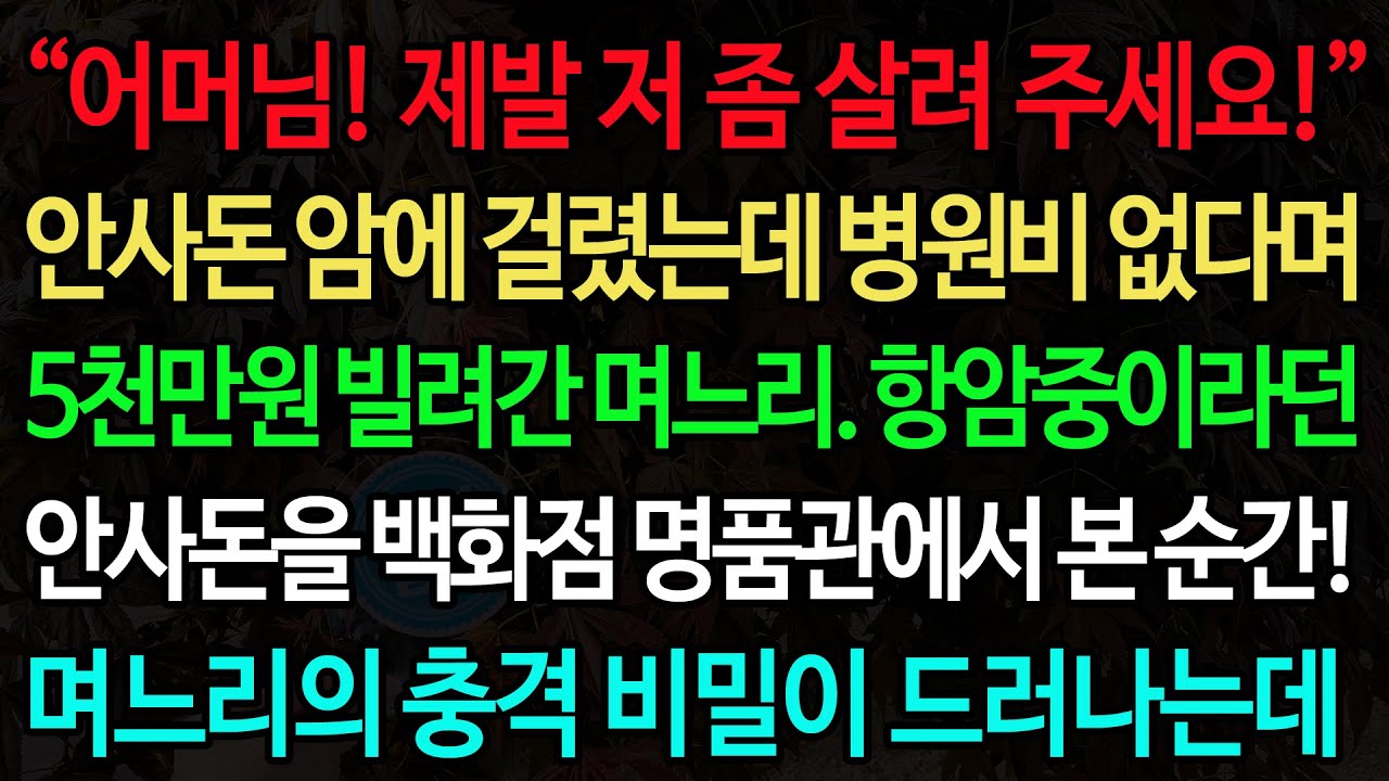 실화사연-“어머님! 제발 저 좀 살려 주세요!” 안사돈 암에 걸렸는데 병원비 없다며 5천만원 빌려간 며느리. 항암중이라던 안사돈을 백화점 명품관에서 본 순간! 며느리의 충격 비밀이