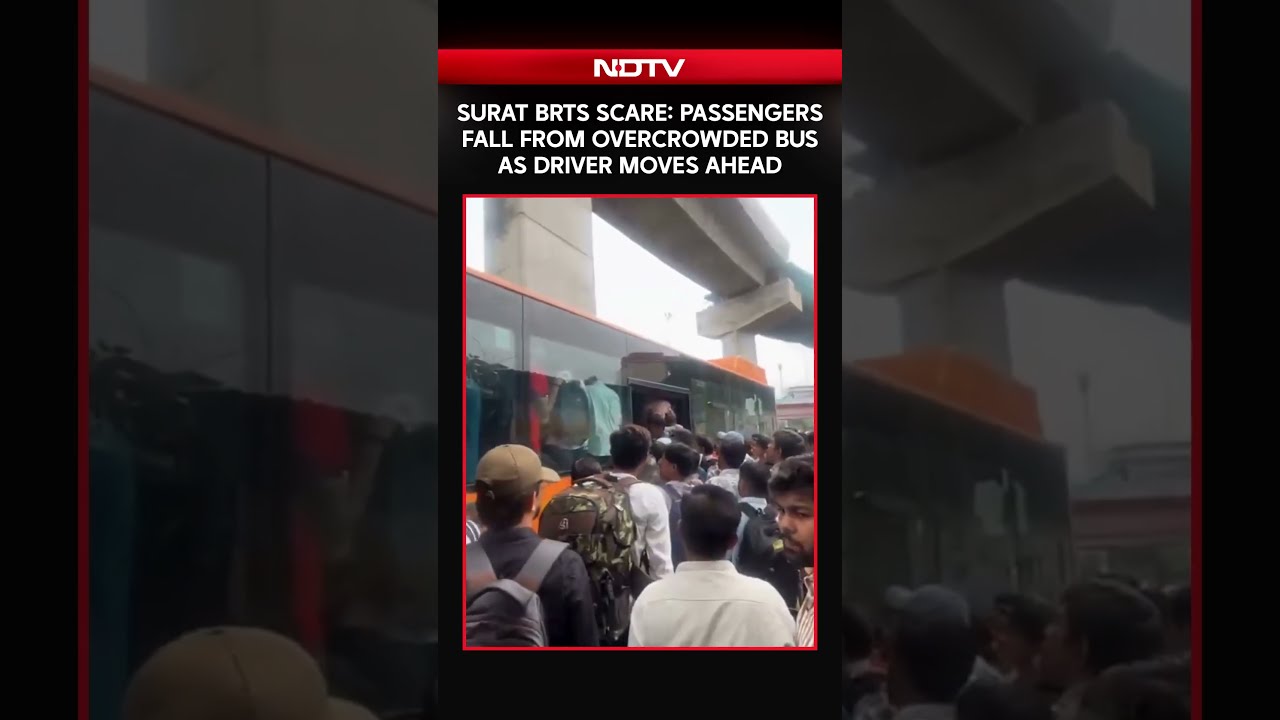 Overcrowded Surat BRTS Bus Moves, Passengers Fall Onto Road