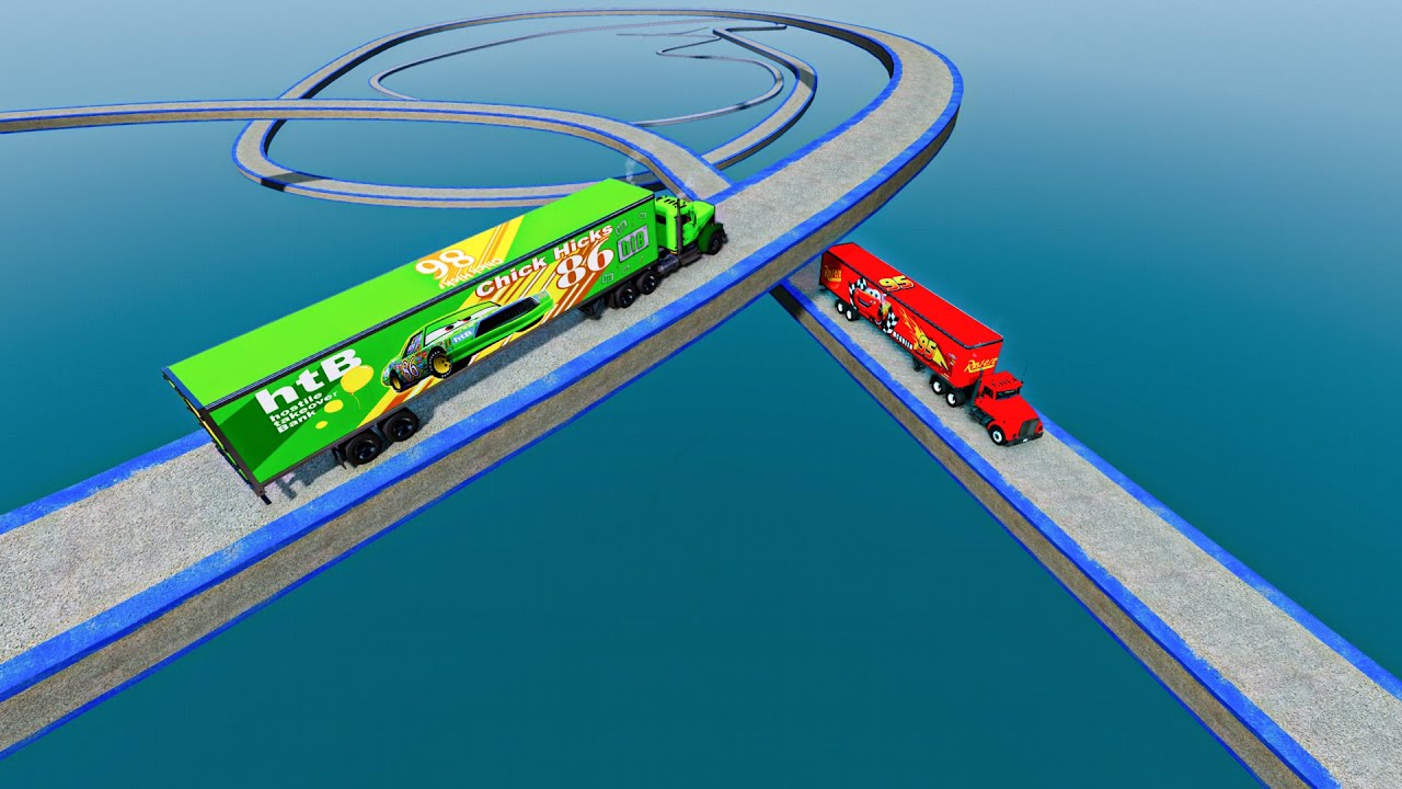 Mack Truck Vs Dinoco Truck Vs Thomas Truck Vs Parallel log Bridge Vs S-Shape Bridge - BeamNG.Drive