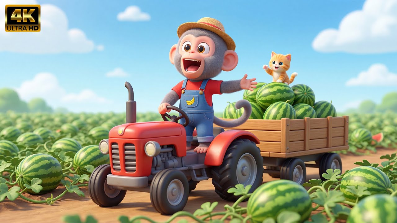 Monkey WCG Harvests Watermelons with a Cute Kitten 🚜.🍉