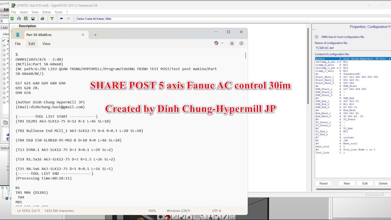 Share post Hypermill 5 axis fanuc AC support G68.2 and RTCP G43.4 created by me.link below comment