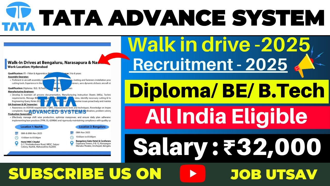 Tata Advanced Systems Walk-In 2025 | ITI, Diploma, B.Tech Jobs | Hyderabad Location | Direct Hiring