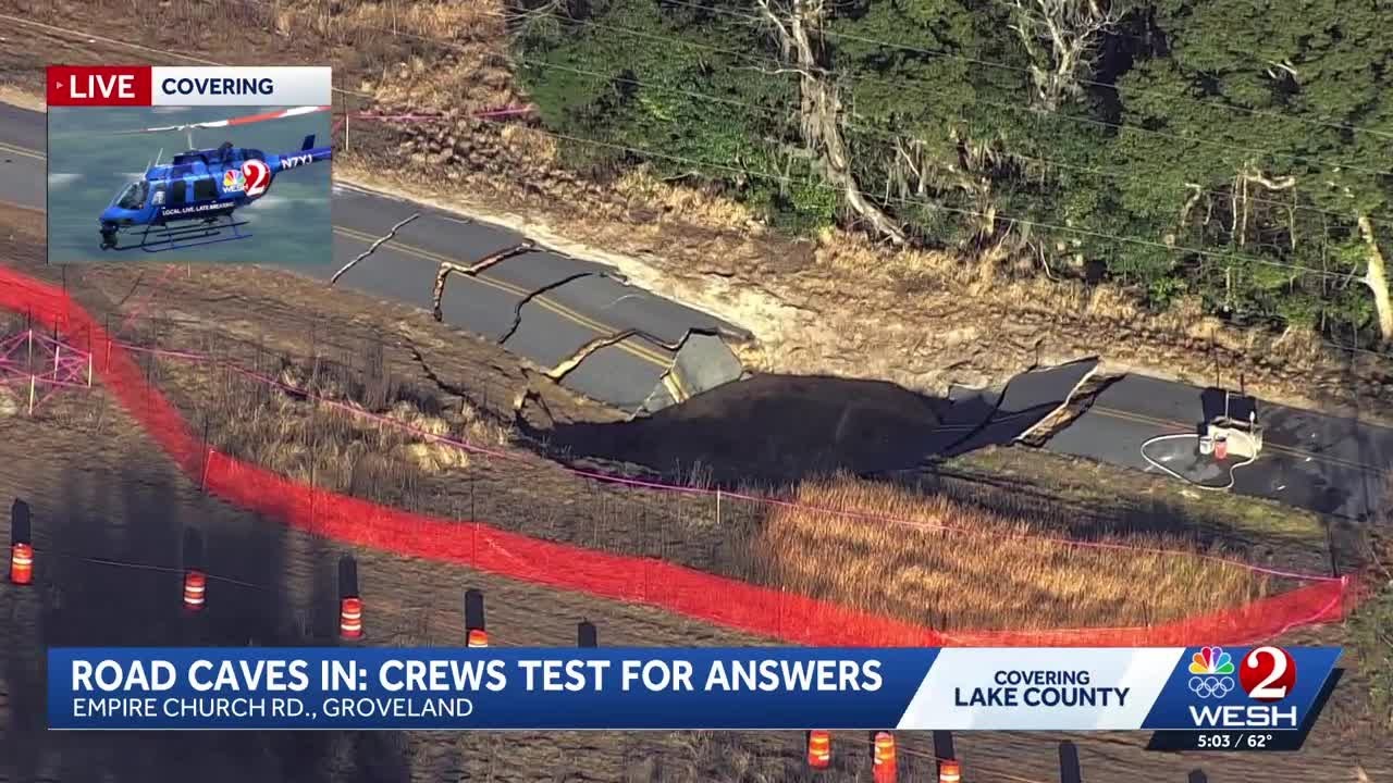 Road collapses into 50-foot hole in Lake County