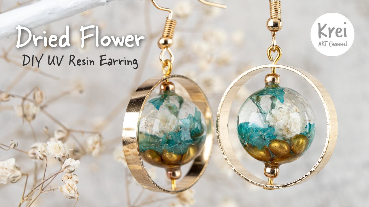 【UV レジン】UV Resin - DIY Rotating Earring with Dried Crystal Grass Flower.ドライフラワーを使って、回転動くイヤリングを作りました。
