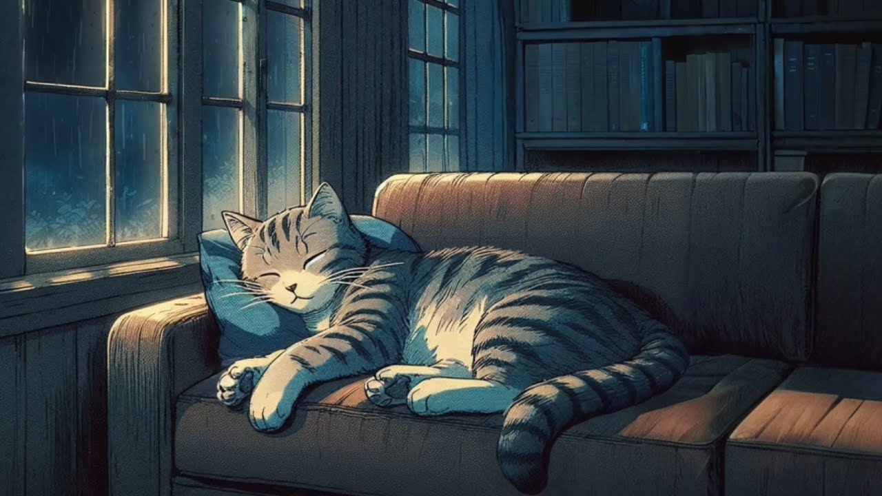 Cozy Rainy Night 🌧️ Cat Sleeping by the Window | Relaxing Sleep Ambience (3 Hours)