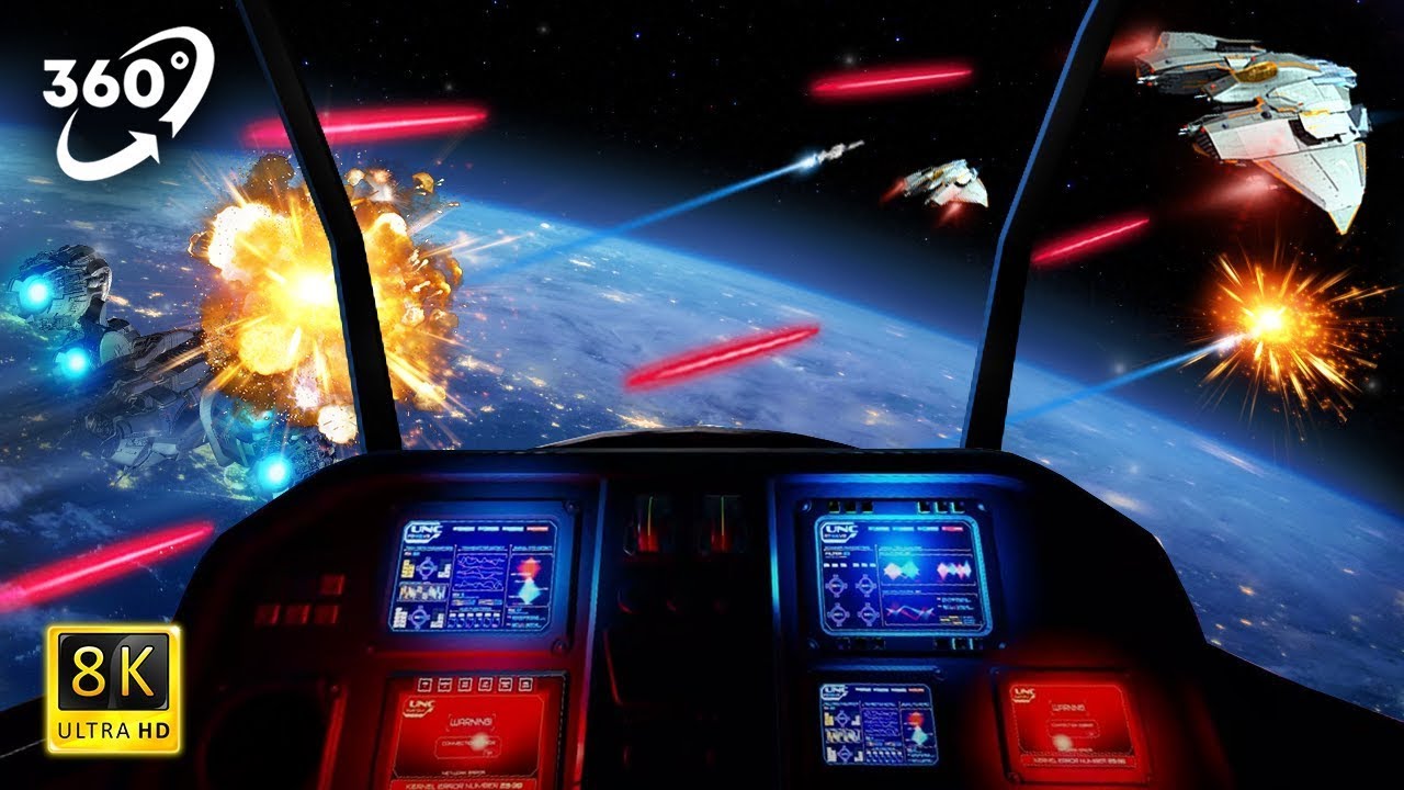 VR 360 Video - Spacecraft simulator in space battle ( Spaceship in Virtual Reality 8k video )