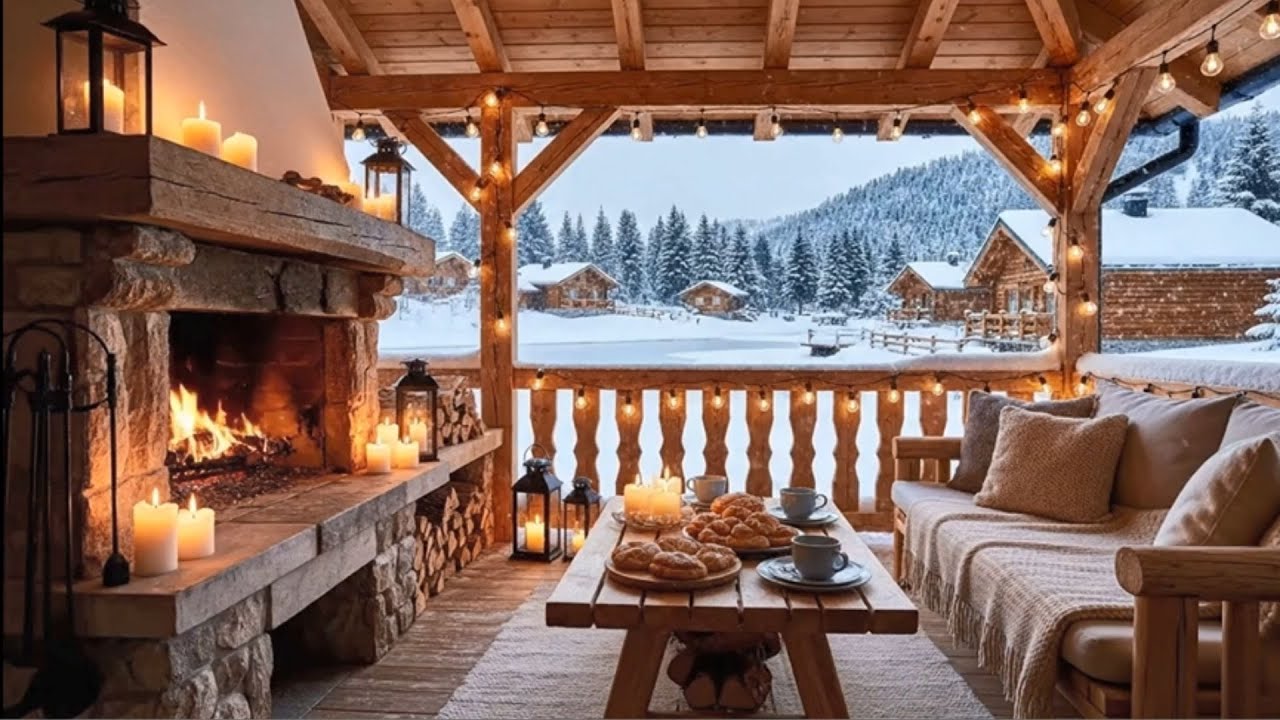 Cozy Winter Fireplace Ambience ❄️🔥 | Snowfall, Candlelight & Relaxing Cabin Porch