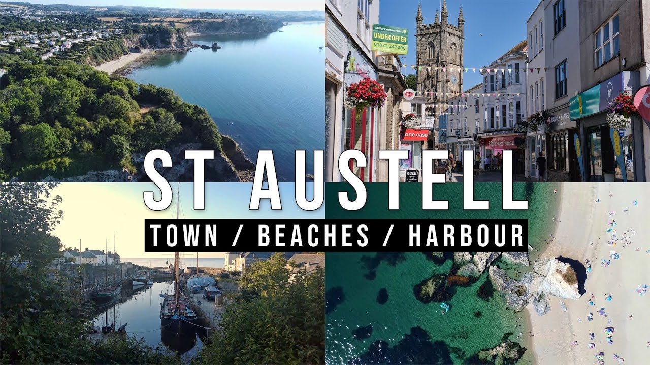 ST AUSTELL Cornwall - Town Walking Tour, Charlestown Harbour and Best Beaches - 4K Video