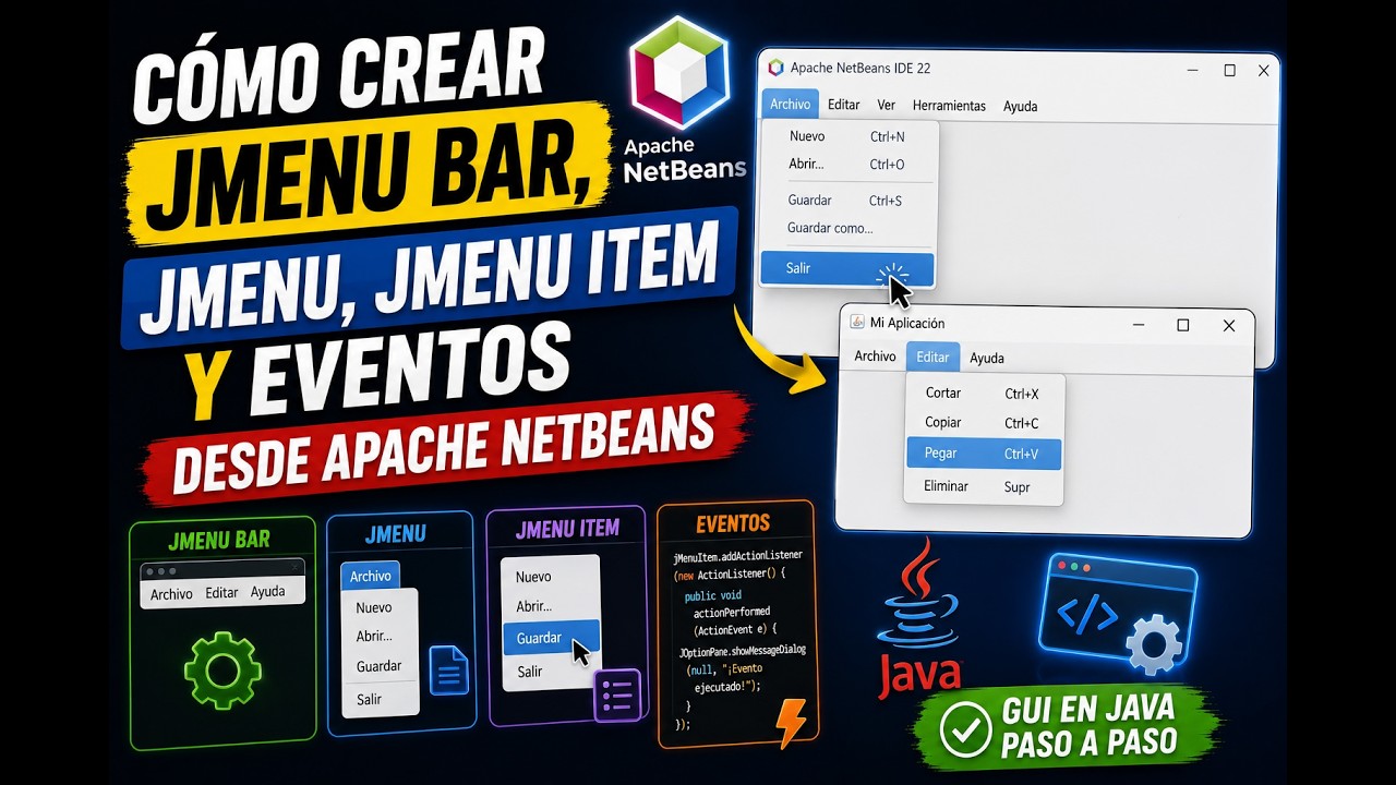 Cómo crear JMenu Bar, JMenu, JMenu Item y Eventos desde Apache NetBeans