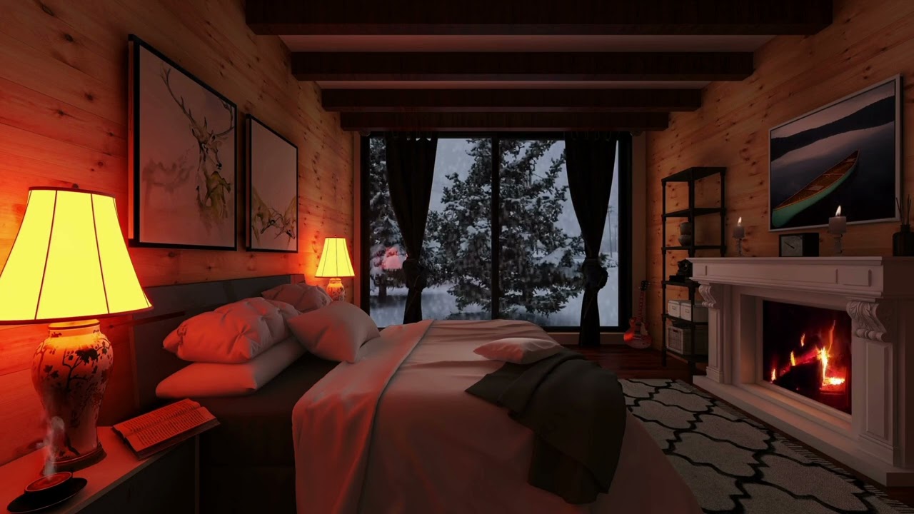 Cozy Bedroom Fireplace - Fire & Snow Relaxing Sound 30 Min Video