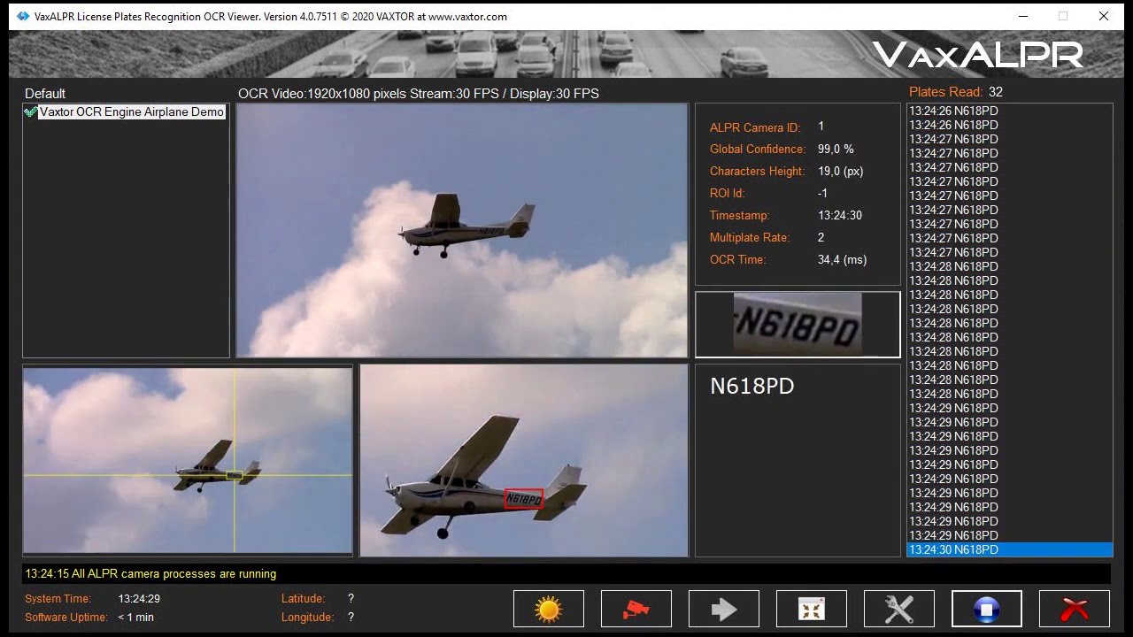 Vaxtor OCR reading airplanes tail number
