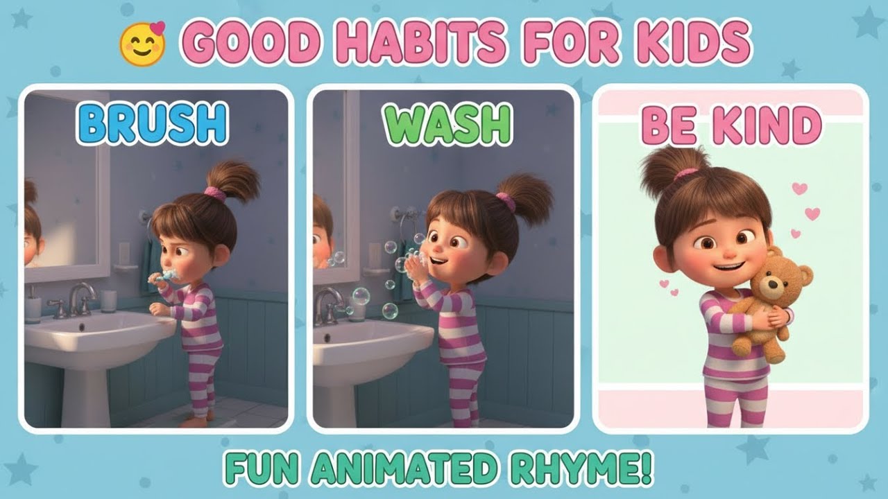 😊 Good Habits for Kids | Brush, Wash & Be Kind | Fun Animated Rhyme