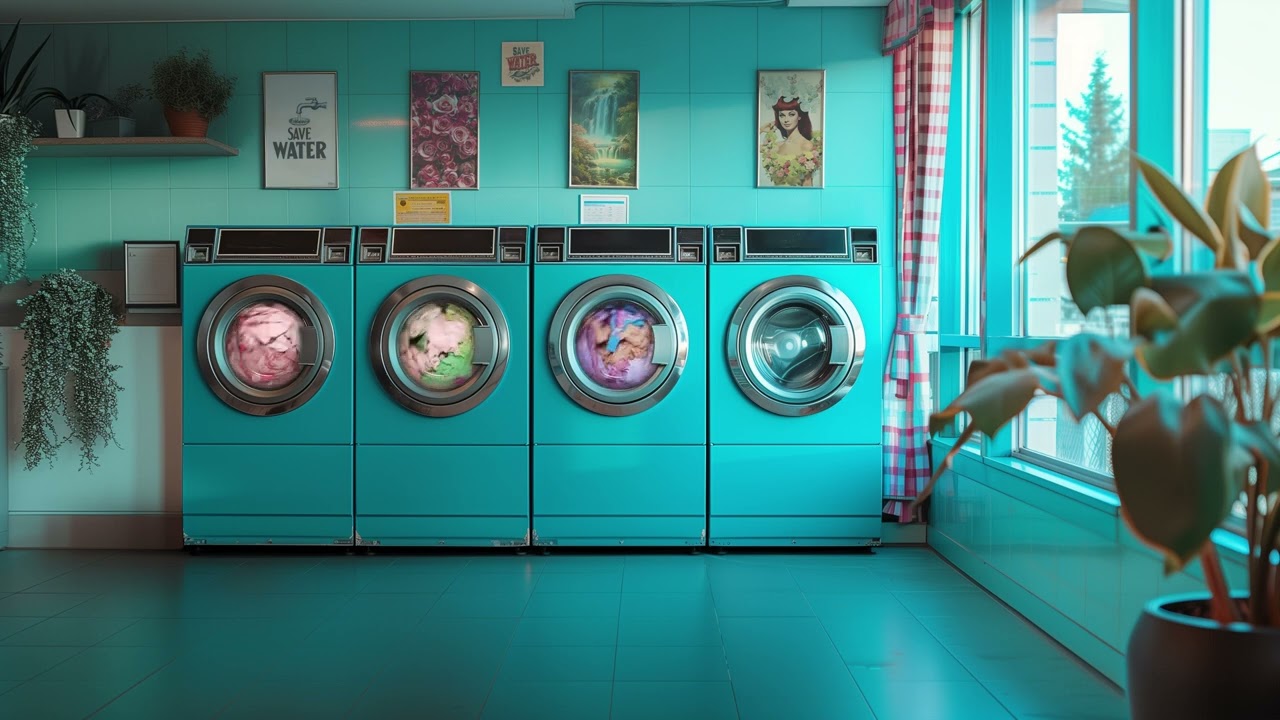 Laundromat launderette live screensaver wallpaper with laundry washing machine white noise for sleep