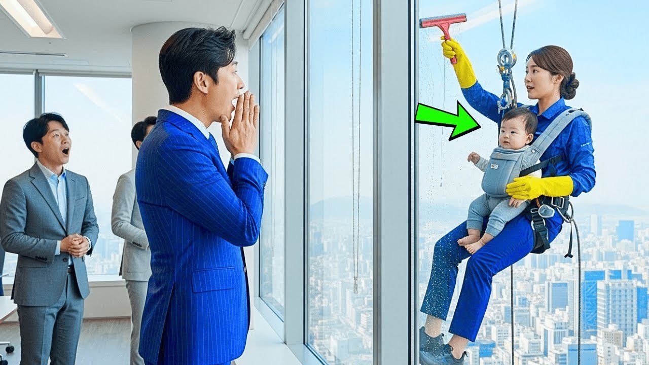 재벌은 청소부가 아기를 품에 안은 채 마천루의 유리창을 닦고 있는 모습을 보고 공포에 휩싸였다