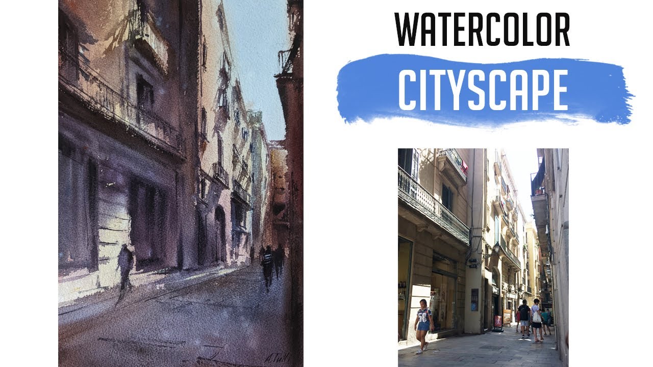 Watercolor cityscape. Narrow street in Barcelona.