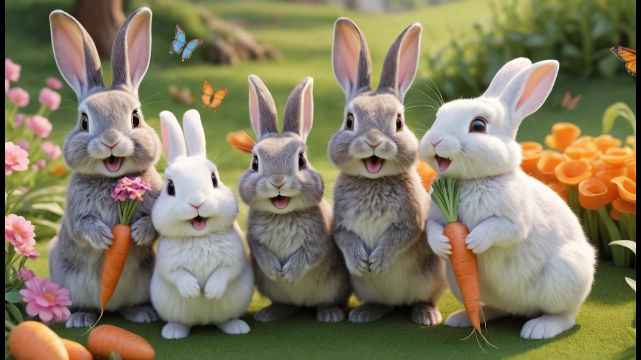 Five Little Rabbits Nibble Nibble Nibble | Cute Animal Song & Nursery Rhymes