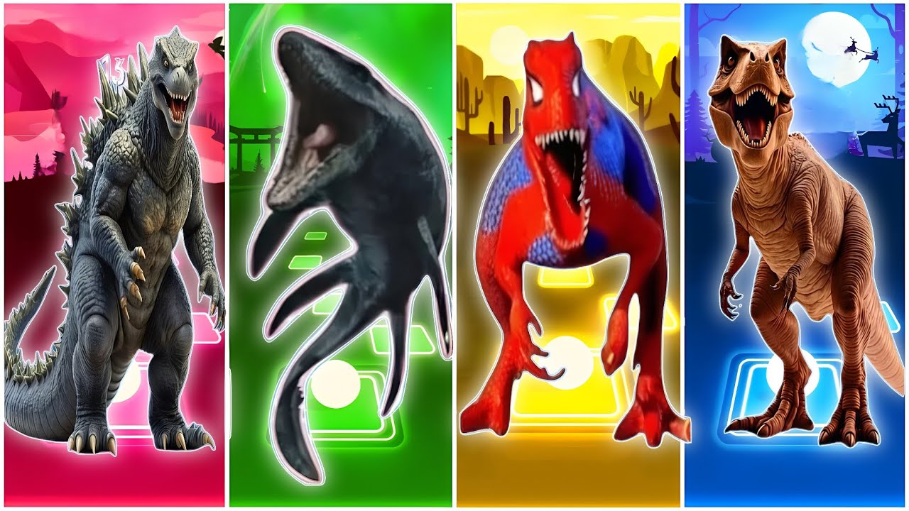 🦕The Godzilla🆚The Megalodon🆚The Tyranosaurus🆚Tyrannosaurus🎶Coffin Dance || TilesHop EDM Rush
