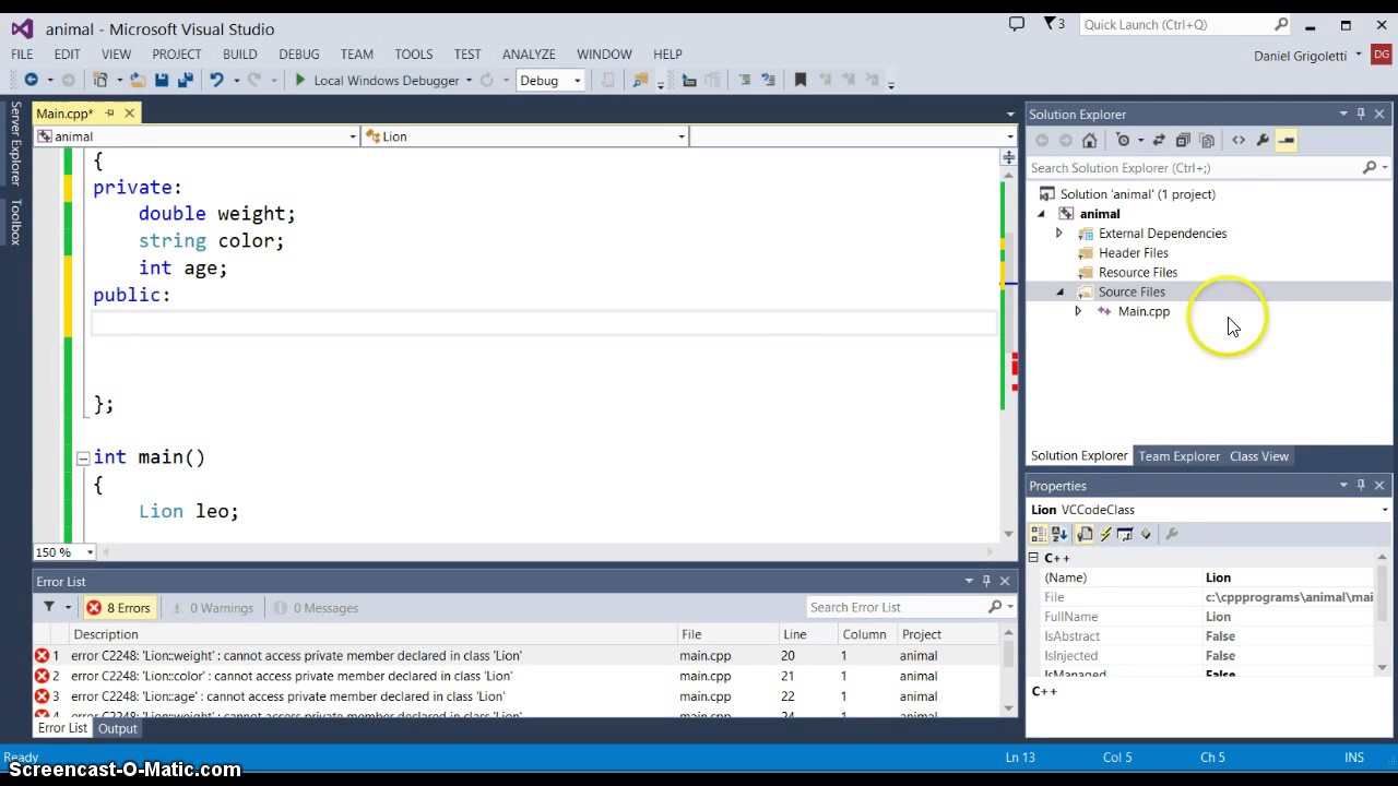 Create a Class in C++ Using Visual Studio