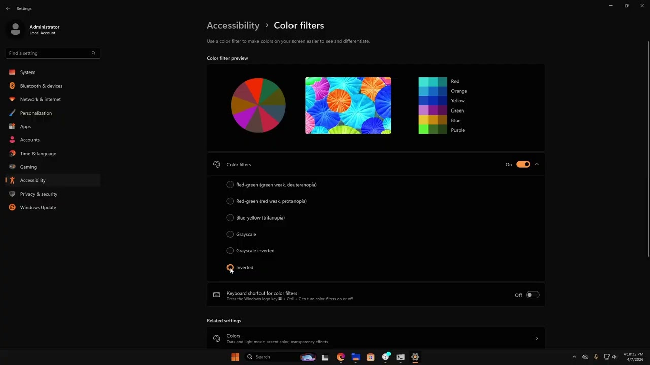 Как включить/отключить и настроить цветовые фильтры в Windows 11