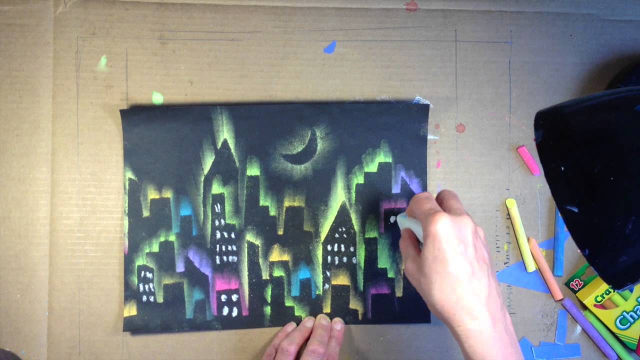 City and Mountain Skyline Using Chalk