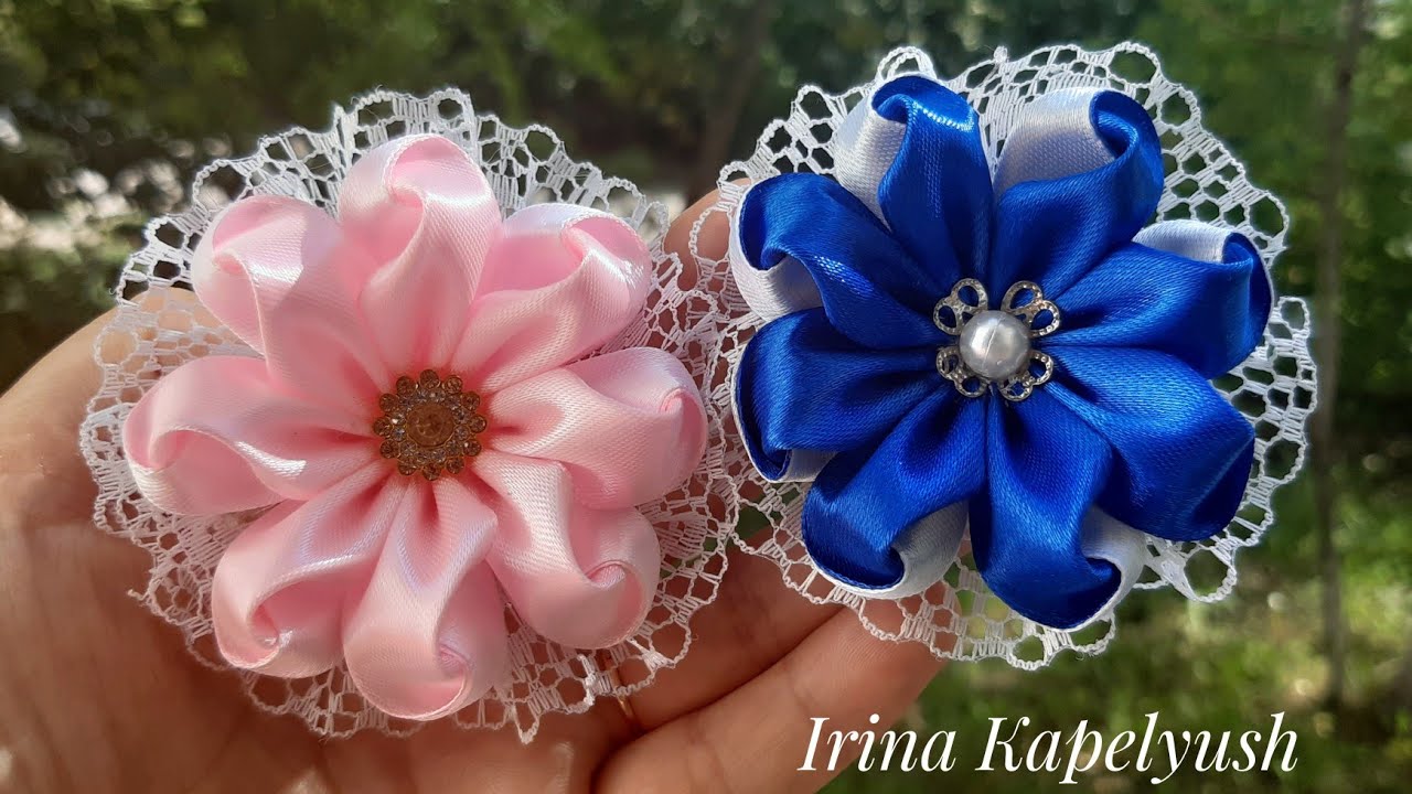 Цветы из ленты 2.5 см. Цветы из атласа . Мк канзаши .Flowers from a ribbon.Flores de cinta.