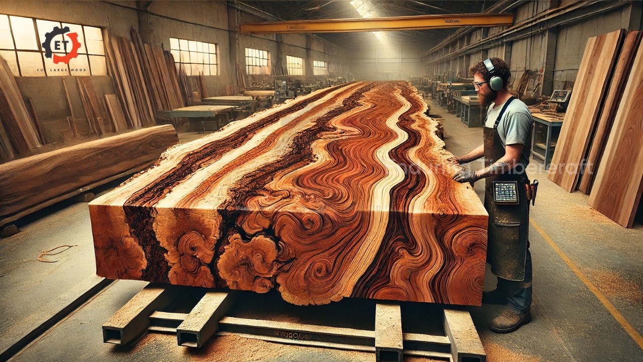 From A Giant Tree In A Large Wood Factory, The Worker Used A Chainsaw To Make A Large Wooden Table