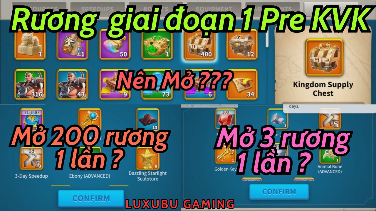 Mở rương giai đoạn 1 Pre kvk, 200 rương 1 lần hay 3 rương 1 lần sẽ tối ưu hơn ? #riseofkingdoms