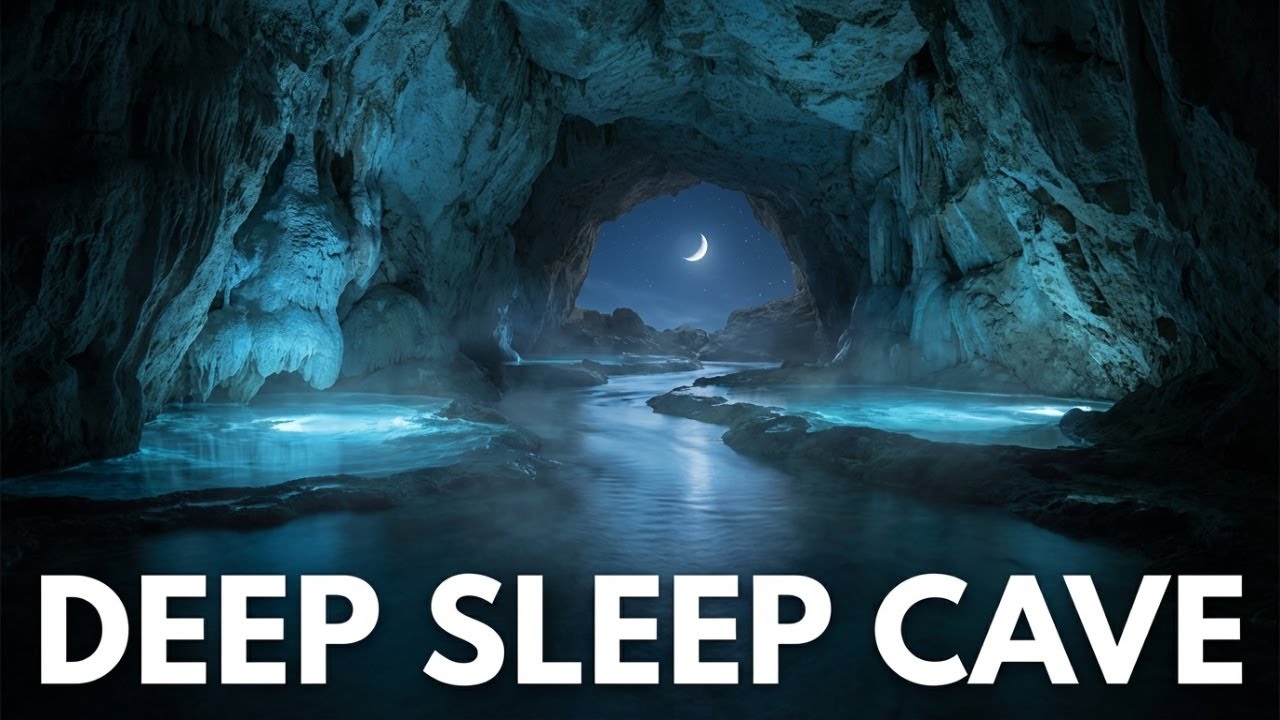 Midnight Blue Waterfall Cave at Night | Quiet Sleep Ambience for TV