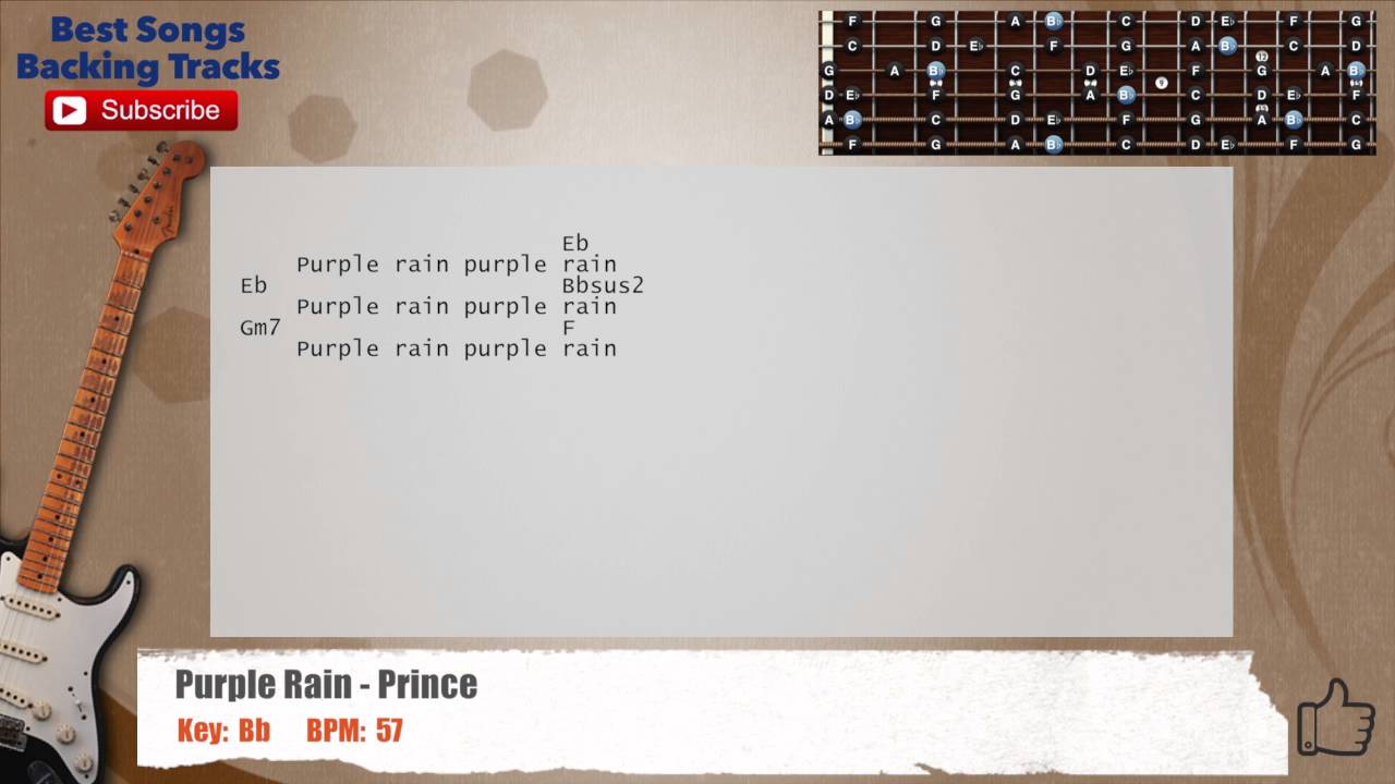 🎸 Purple Rain - Prince Guitar Backing Track with scale, chords and lyrics