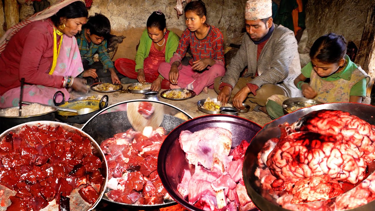 buff brain , tongue & heart curry recipe in dharme's house for guest girl @ruralnepall