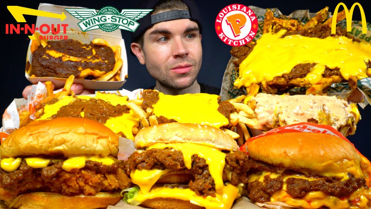 КАРТОФЕЛЬ ФРИ И БУРГЕРЫ С ЧИЛИ-СЫРОМ Мукбанг (Попробуйте Wingstop In-N-Out Popeyes McDonalds с ЧИ...
