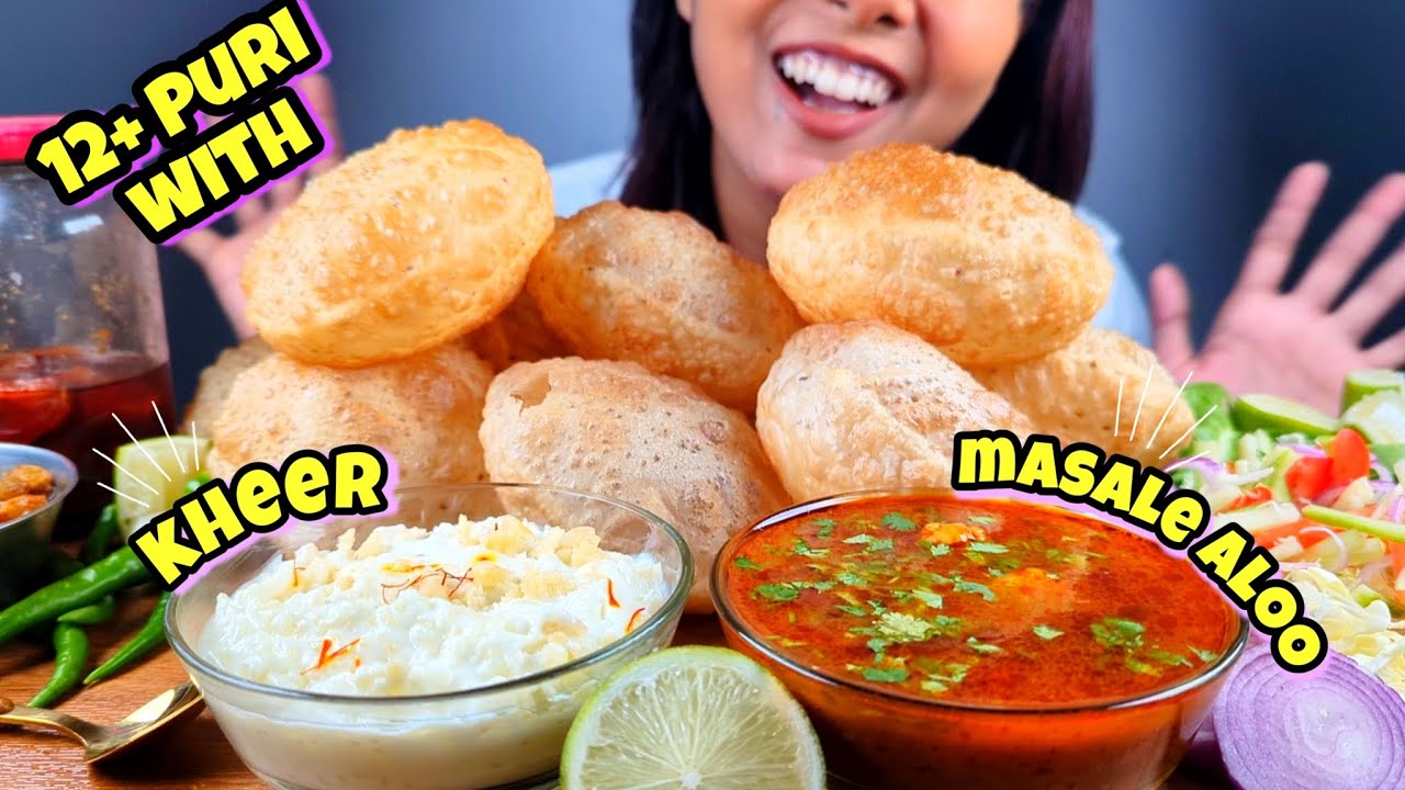 COOKING & EATING 12+ PURI WITH 🌶️MASALE WALE ALOO SABJI & KHEER CHALLENGE | SPICY PURI SABJI & KHEER