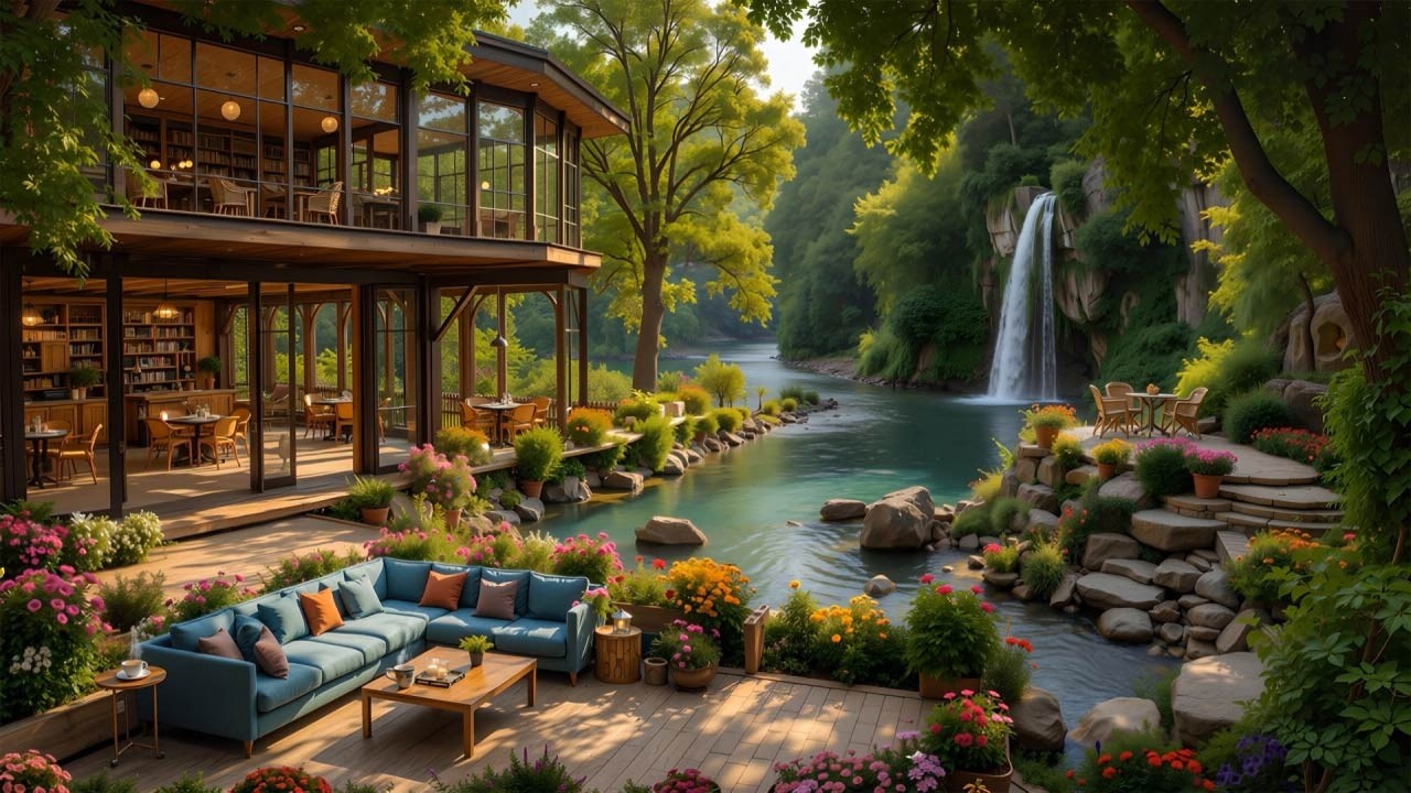 Calm Outdoor Forest Coffee Shop Jazz by a Quiet Stream 🌿 Gentle Jazz Music for Focus & Relaxation