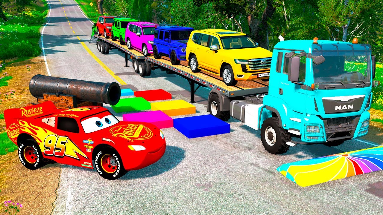 Flatbed Truck McQueen | Transportation with Truck - Pothole vs Car #7 | BeamNG.Drive Gameplay