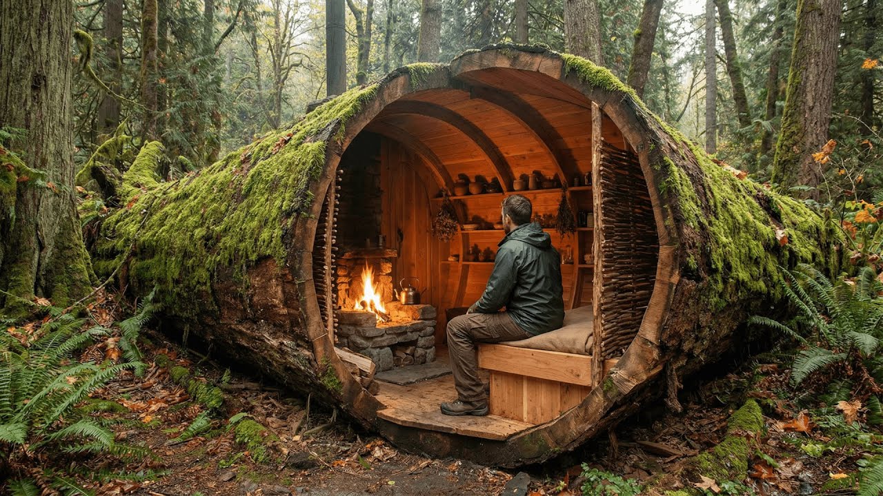 Hidden Luxury Cabin Inside a Giant Tree Log - Solo Bushcraft Build ASMR