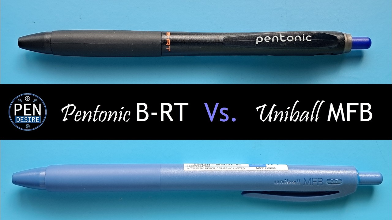 Сравнение шариковых ручек Linc Pentonic B-RT и Uniball MFB (20 рупий).