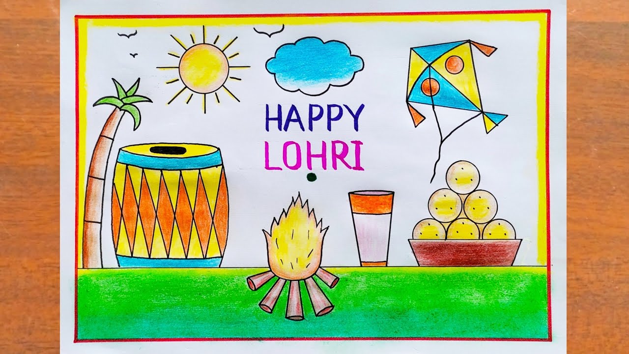 Lohri Drawing / Lohri Festival Drawing / Happy Lohri Poster Drawing Easy Steps / Happy Lohri Drawing
