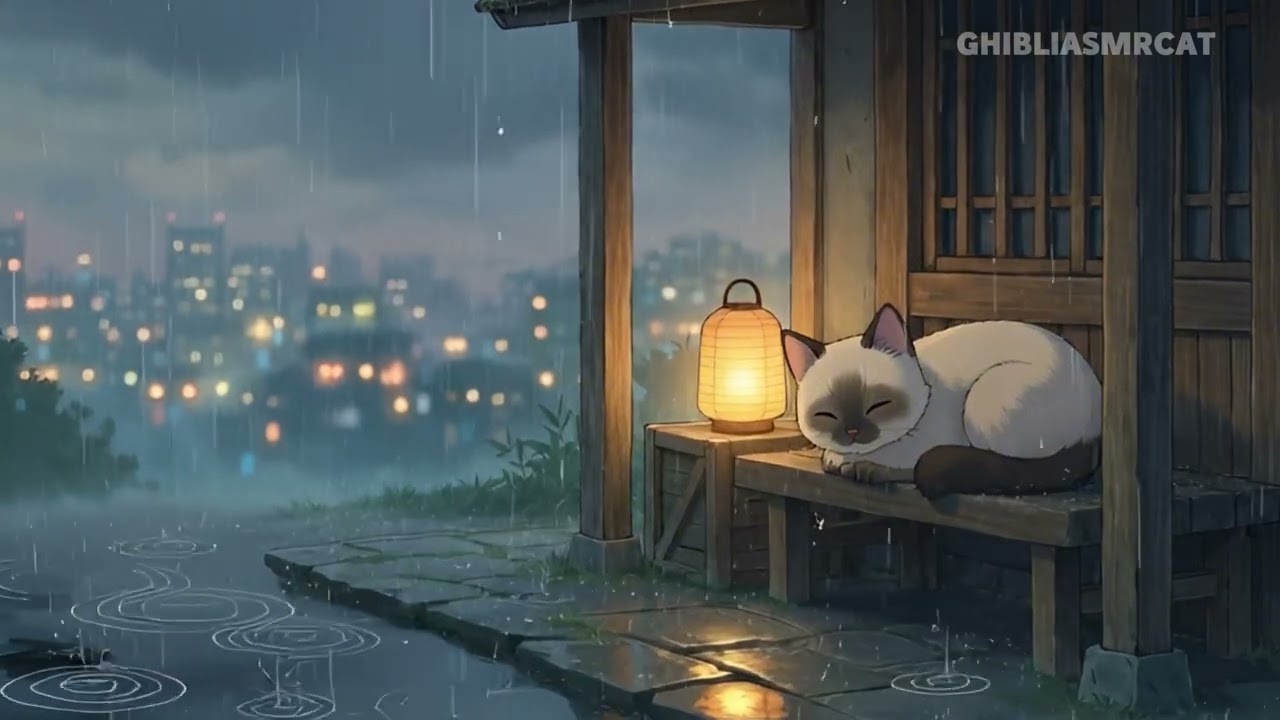 Sleep with Cat in the Rain 🌙✨ | Peaceful Ghibli Night Ambience