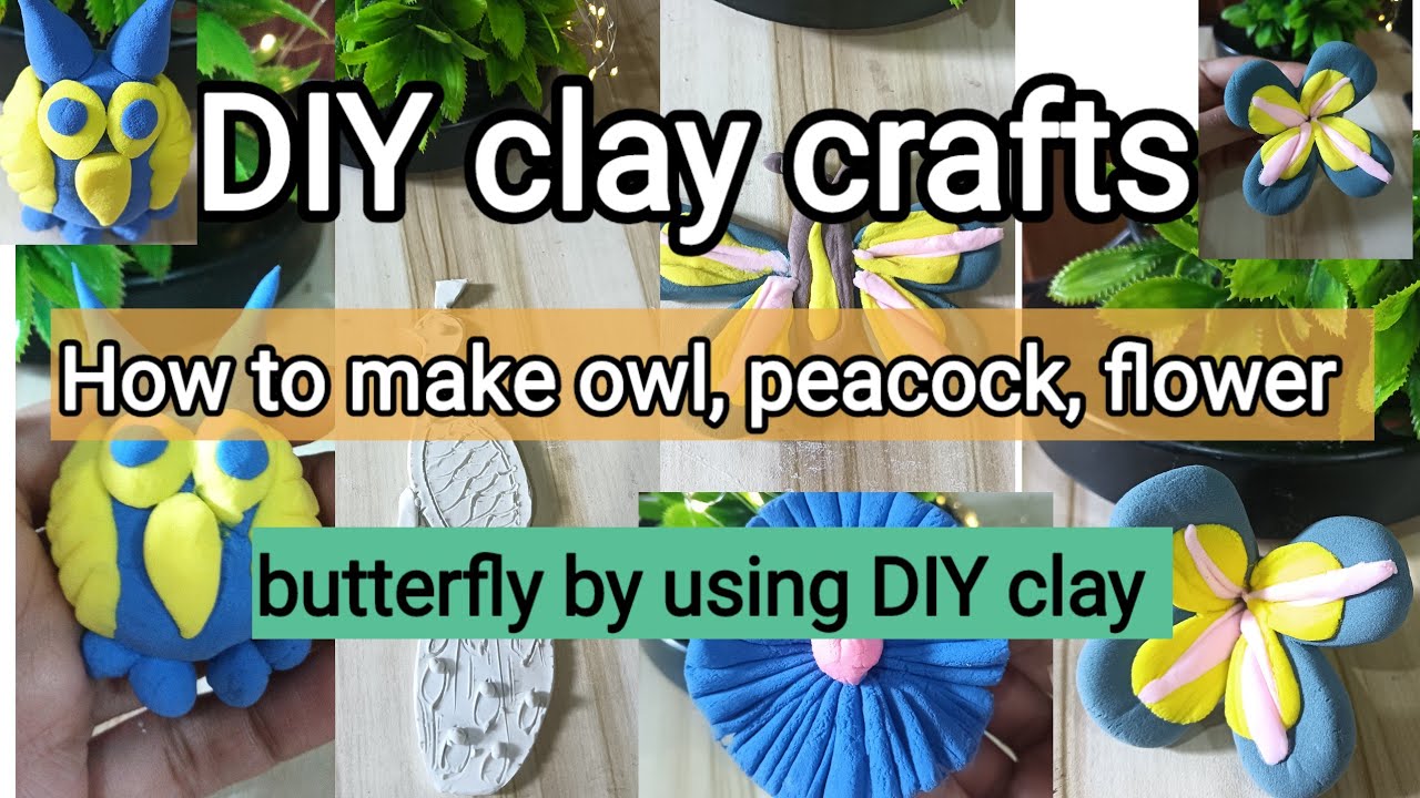   How to make peacock by using diy clay, owl, leaf print, purple flower, butterfly #clay craft 