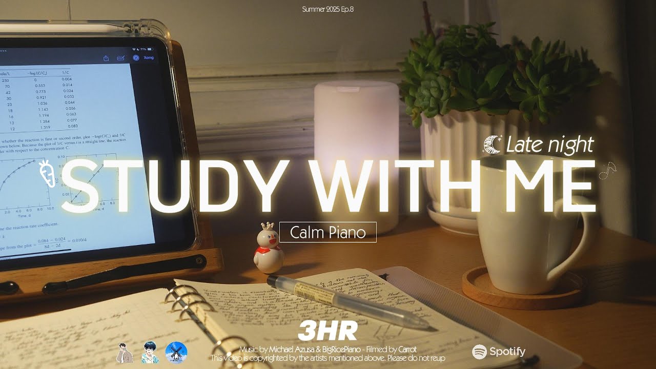 3-HOUR STUDY WITH ME | Calm Piano 🎹, Fire Crackle 🔥 | Pomodoro 50-10 | Late night 🌙